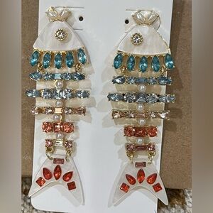 Vibrant Fishbone Earrings with Blue and Red Accents